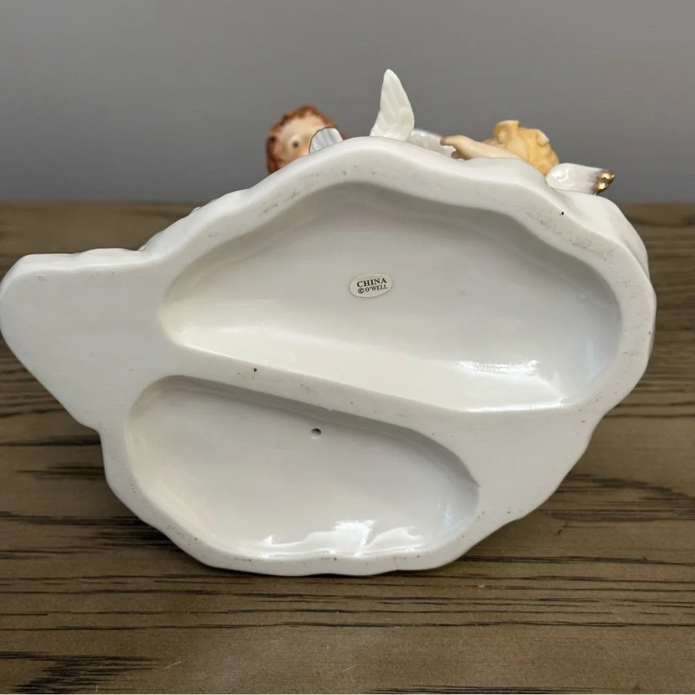 O'Well Angel & Cherub W/Bird~Lyre Porcelain Figurine Ivory & Gold